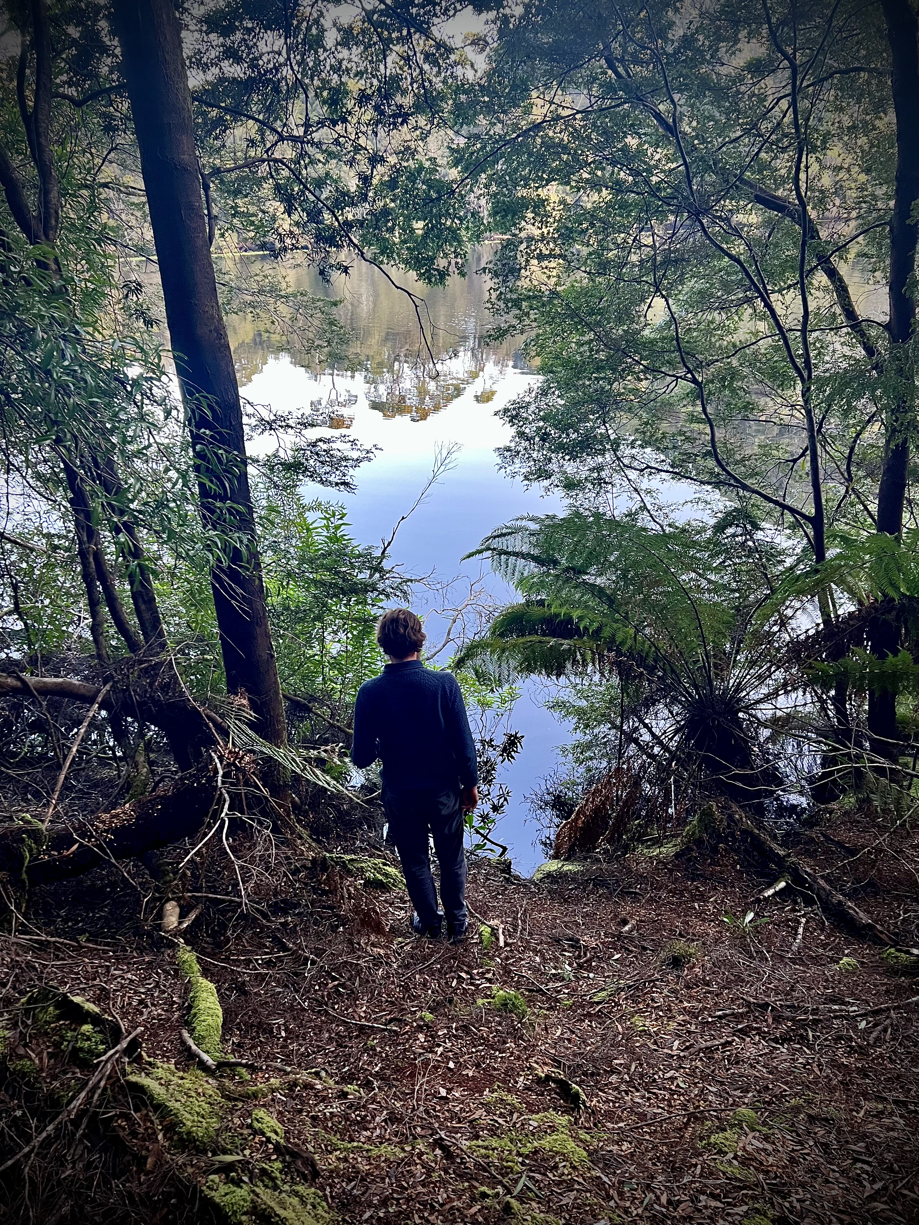 A person wearing a blue jumper stands looking at the river