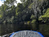 A packraft in the foreground with trees and water in the background