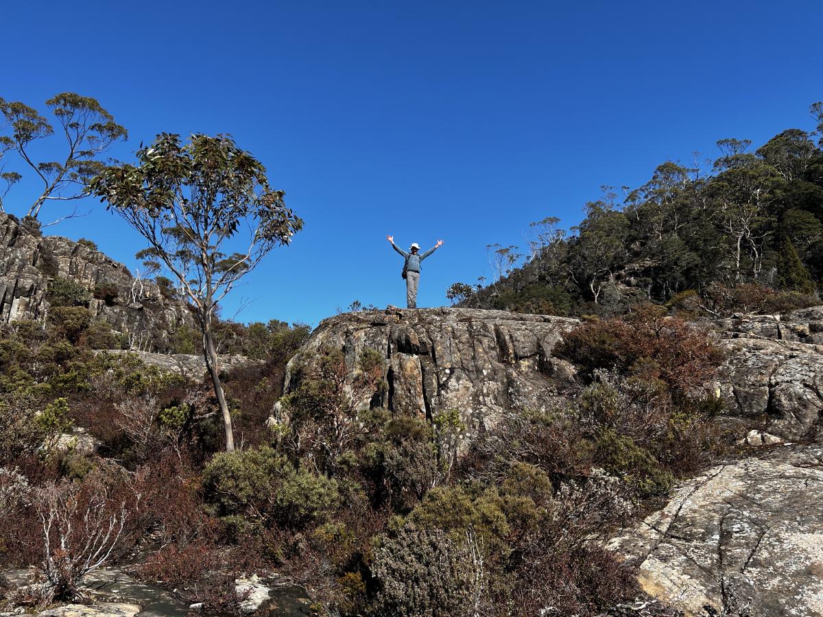 A man stands on a rock with his hands out in a Y shape