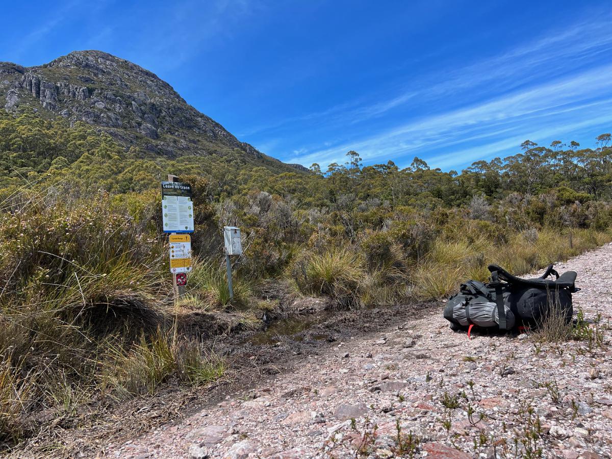 A bag sits waiting at a track junction