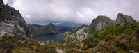 A panorama image of Lake Oberon and surrounding mountains